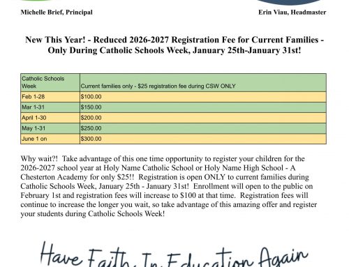 Reduced 2026-2027 Registration Fee for Current Families – Only During Catholic Schools Week